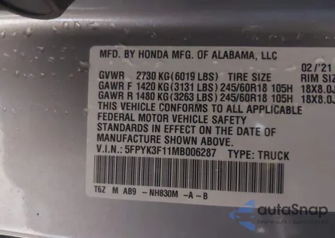 2021 Honda Ridgeline Awd Sport z USA, uszkodzony, nr VIN 5FPYK3F11MB006287